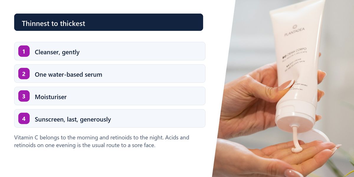 A hand squeezing cream from a plain tube into a palm, beside an ordered list running from cleanser through to sunscreen.