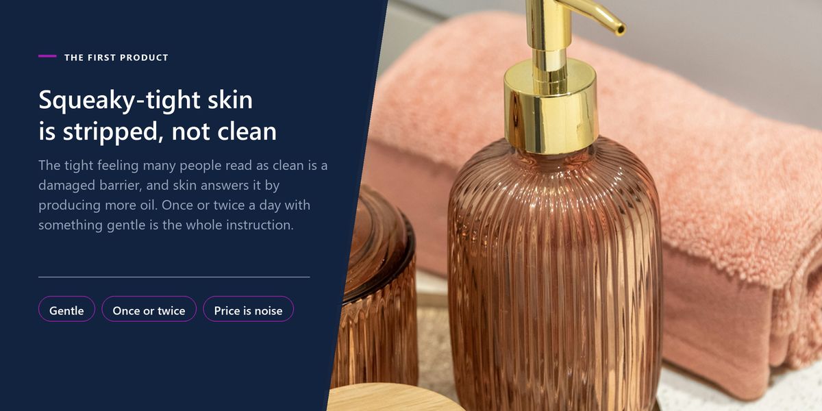A ribbed amber pump bottle and matching jar on a bathroom counter beside a folded towel, beside a panel on cleansing without stripping the skin.