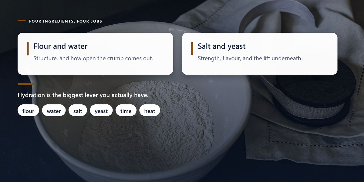 A bowl of flour and a linen cloth on a dark table, behind two panels dividing the four ingredients into structure and flavour.