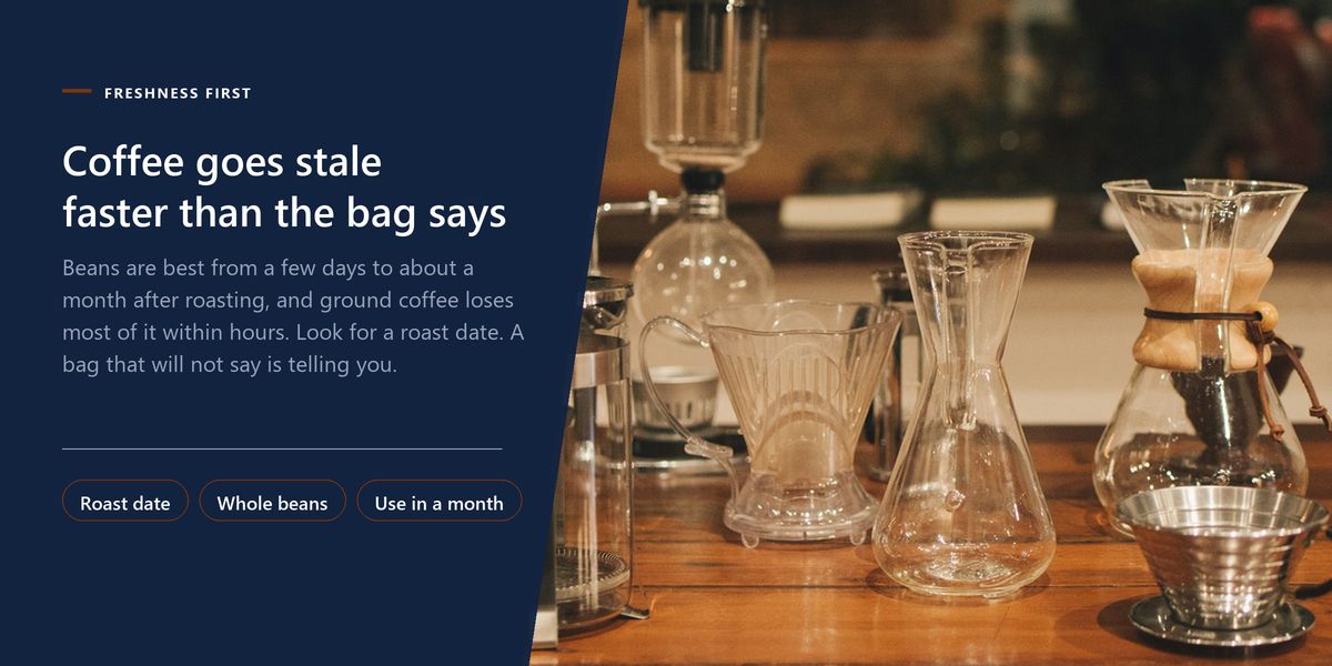 A row of glass brewing devices on a wooden counter, beside a banner on how quickly roasted and ground coffee goes stale.