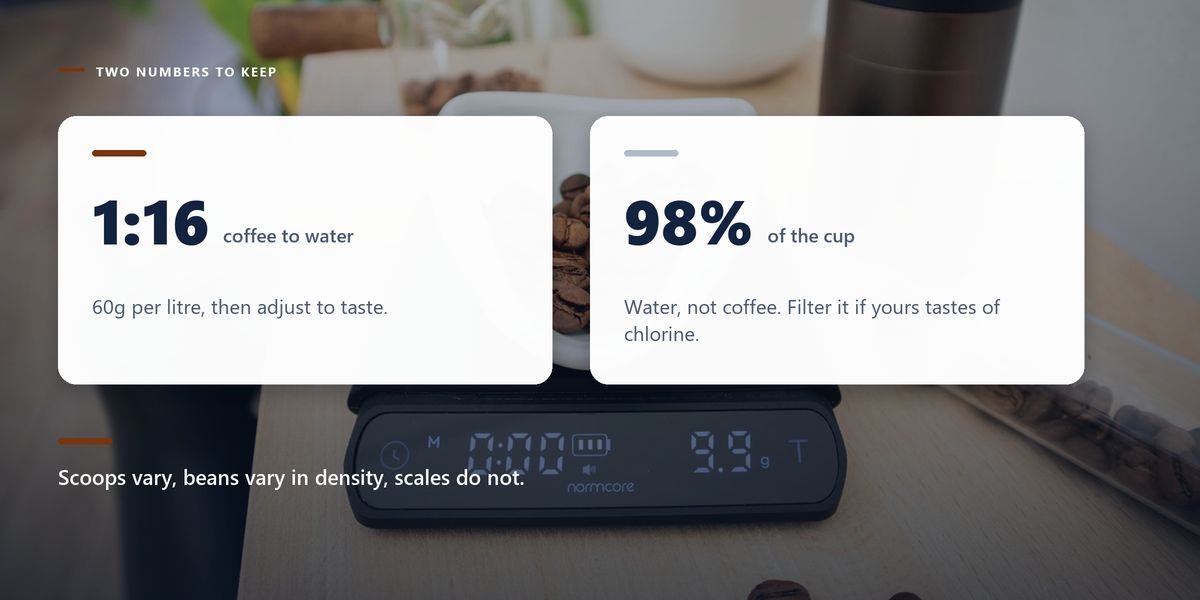 Beans being weighed on a digital scale, darkened behind two cards giving a 1:16 ratio and the 98% of the cup that is water.