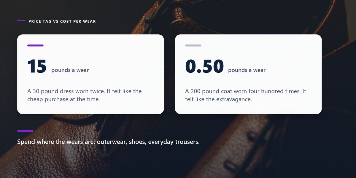 A worn brown leather shoe photographed close and dark, behind two cards contrasting a dress at fifteen pounds a wear with a coat at fifty pence.