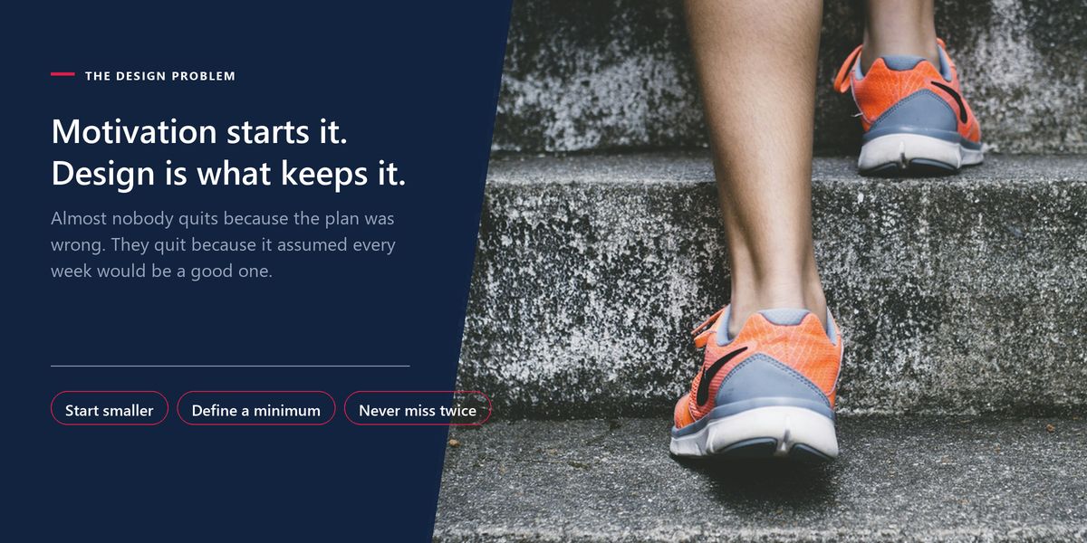 A runner's feet climbing worn concrete steps, beside a panel reading 'Motivation starts it. Design is what keeps it.' and the article's three rules: start smaller, define a minimum, never miss twice
