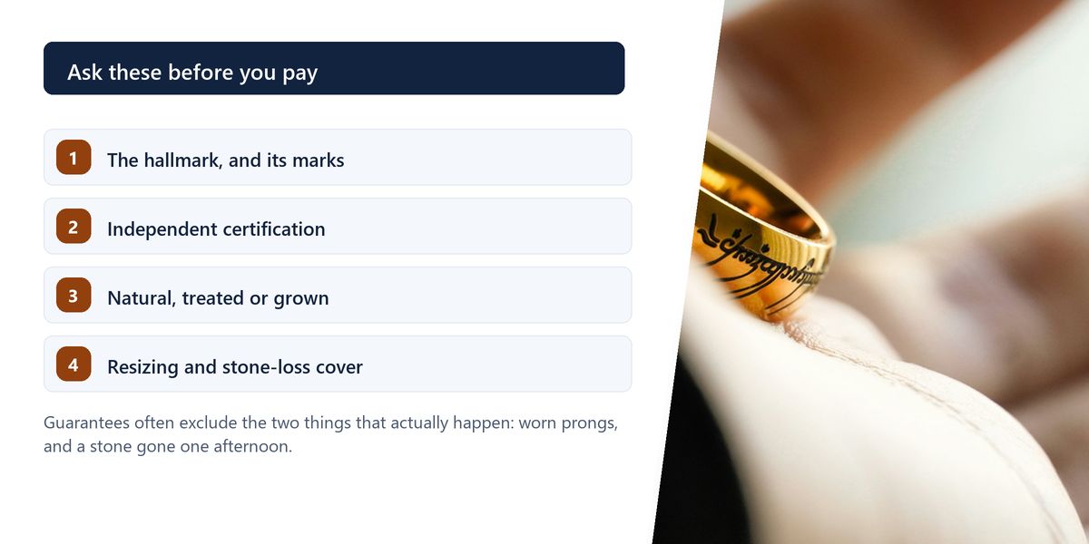 A gold band held up between finger and thumb with the engraving turned to the light, beside a four-point checklist for buying.
