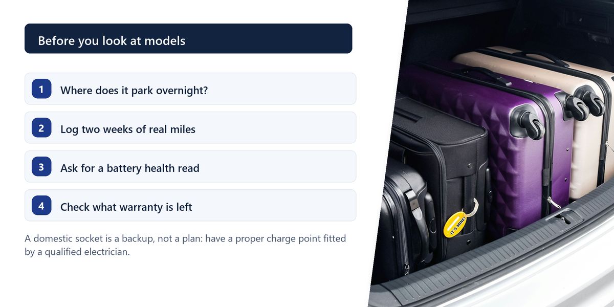 An open boot packed tight with suitcases, beside a numbered checklist of what to establish before buying an electric car.