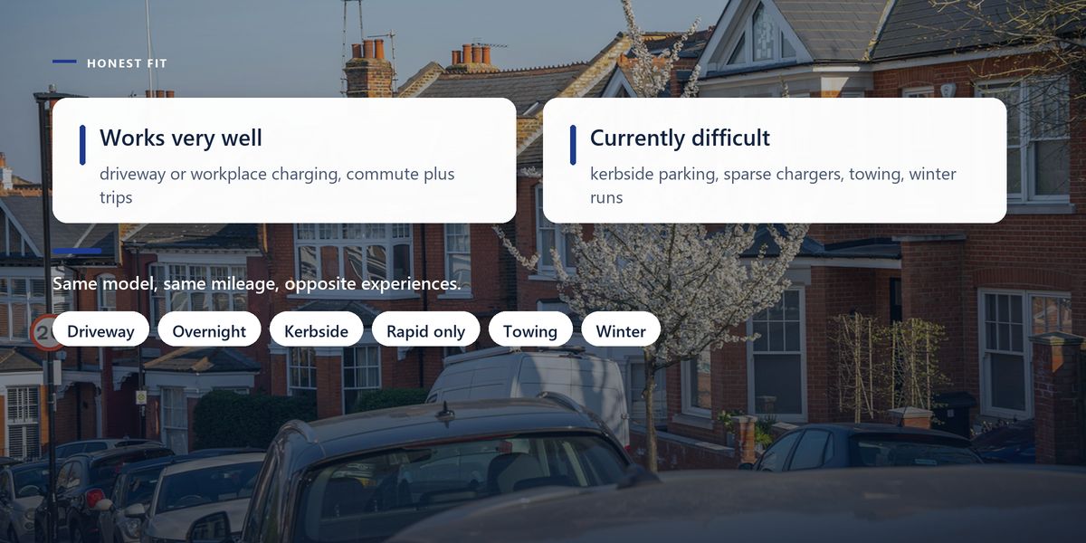 A row of brick terraced houses with cars parked nose to tail at the kerb, under a two-column panel setting out who an electric car suits well and who it does not.