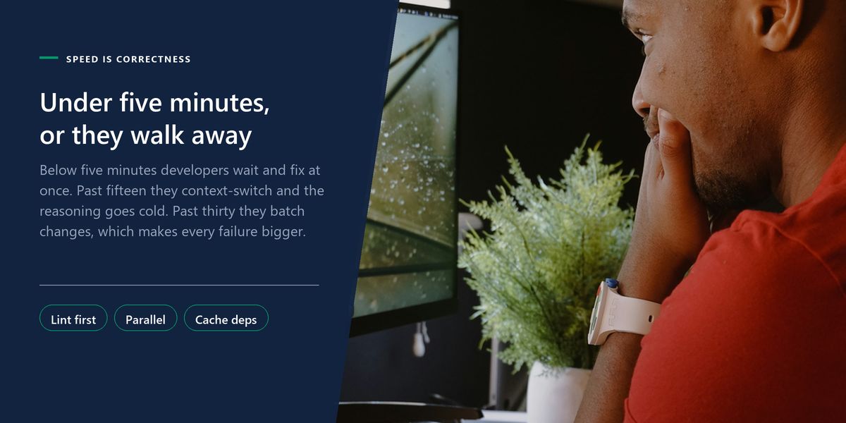 A developer sits back at his monitors with his chin in his hand, beside a banner tying pipeline feedback time to whether developers stay engaged.