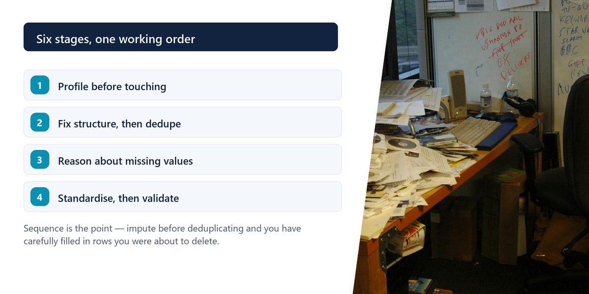 A desk buried in loose paperwork beside the four ordered stages for cleaning a dataset.