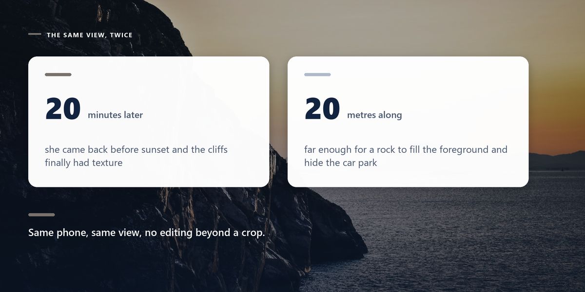 A rocky headland above a calm sea in low evening light, behind two cards recording the twenty minutes and twenty metres that changed the picture.