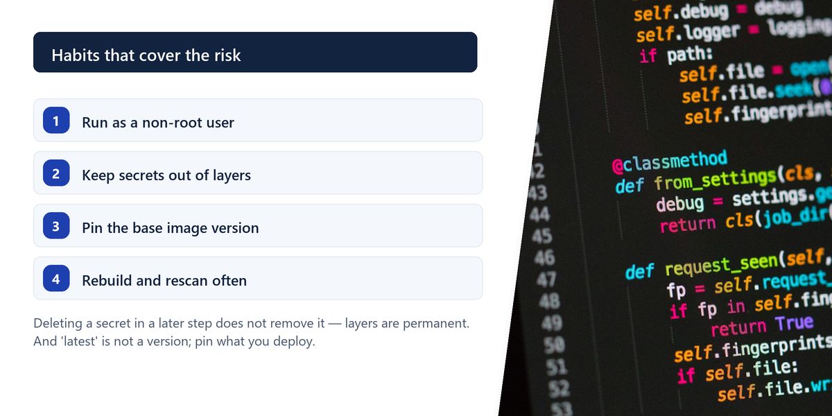 Python source code fills a monitor in close-up beside four numbered security habits for container images.