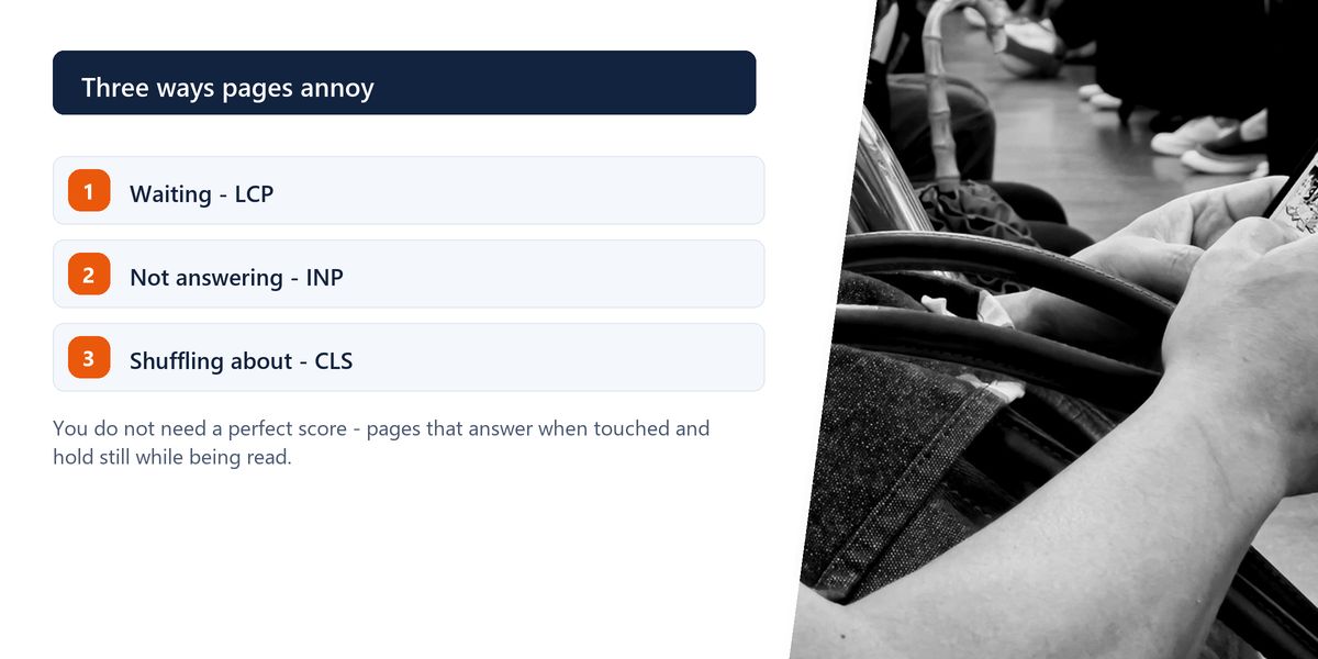 A close black-and-white shot of hands holding a phone on public transport, beside the three metrics listed as annoyances.