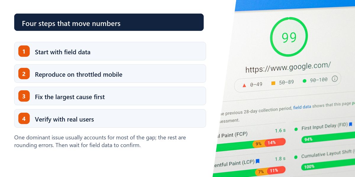 A PageSpeed report on screen showing a 99 score beside its Core Web Vitals field data, next to the four-step workflow for moving those numbers