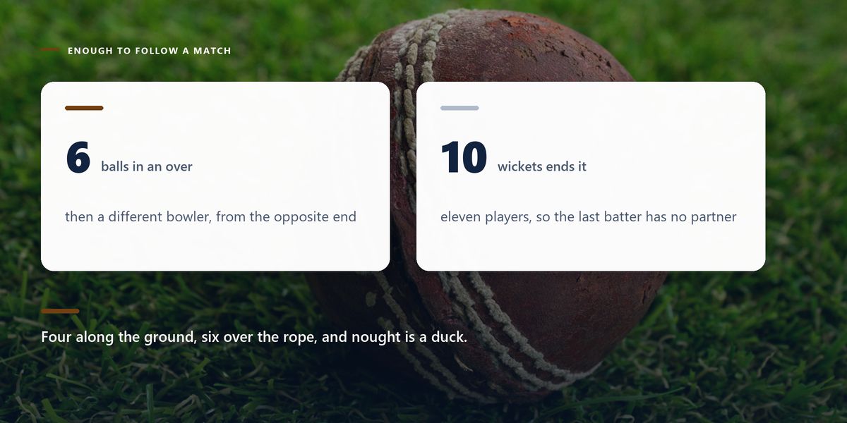 A scuffed red ball resting in cut grass, behind two cards giving the six balls of an over and the ten wickets that end an innings.