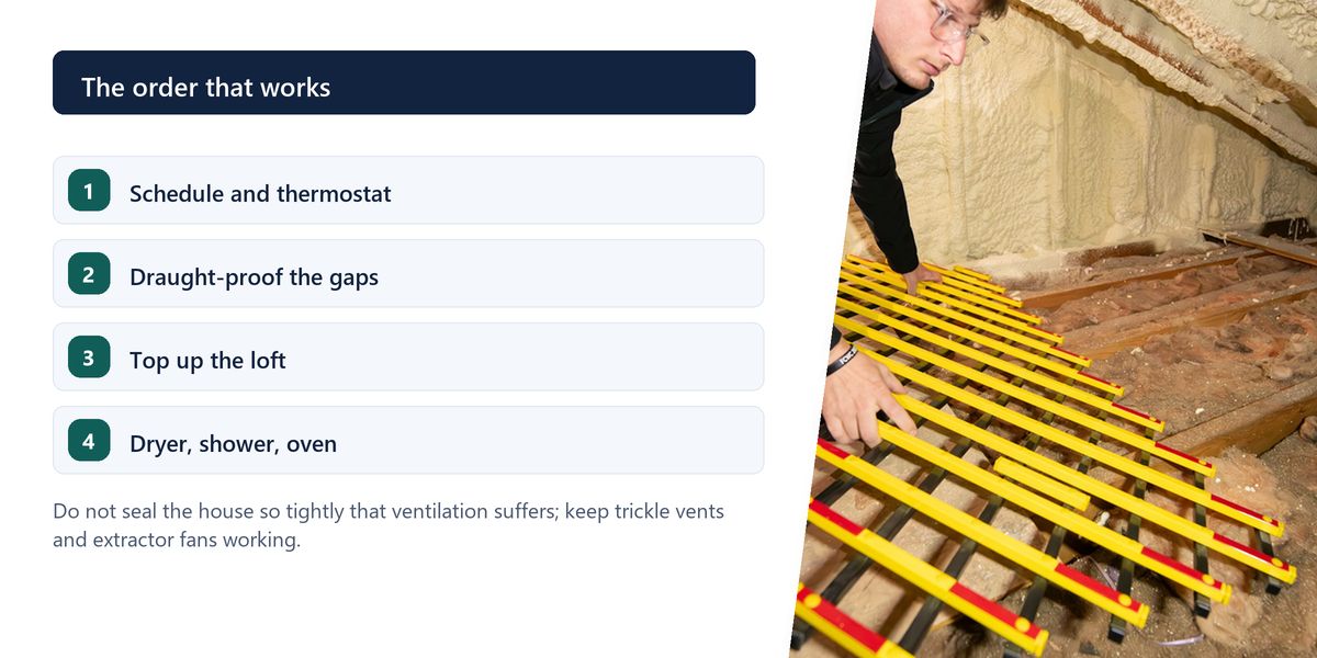 A man kneeling in a bare loft laying yellow battens across the joists, beside a numbered list putting controls, draughts, the loft and the big appliances in order.