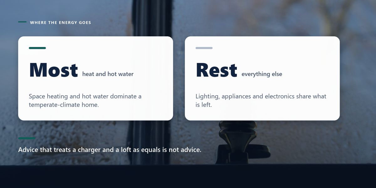 Condensation running down an old windowpane with a bare tree beyond it, behind two cards splitting heating and hot water from everything else in the house.