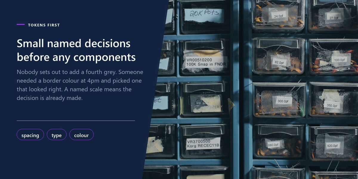 Old workshop drawers with small handwritten labels, beside a banner arguing for tokens before components.