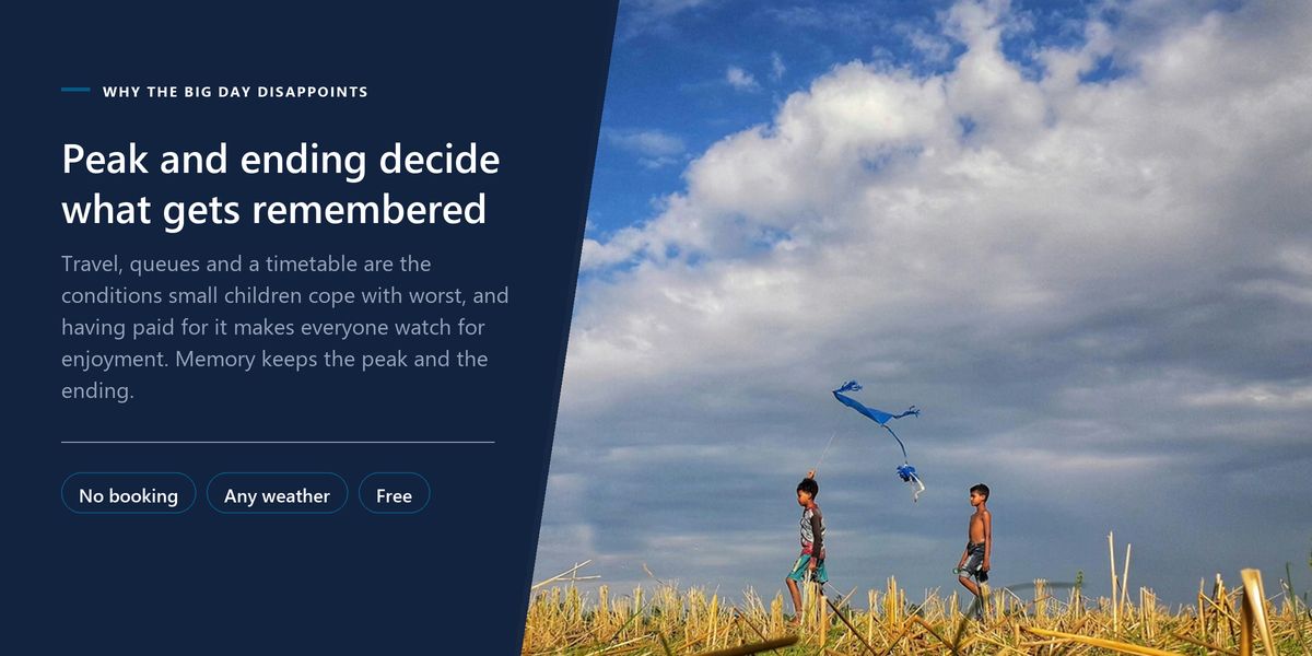 Two children flying a kite under a huge cloudy sky over a stubble field, beside a panel explaining why the expensive day out disappoints.