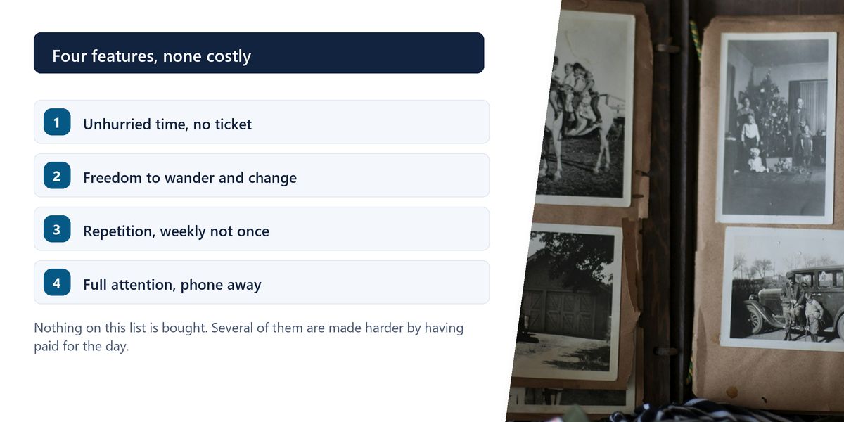 Hands turning the pages of an old photograph album beside a numbered list of the four features shared by memorable childhood activities.