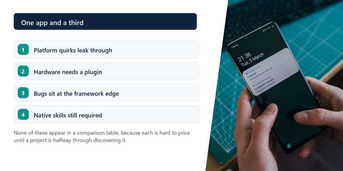 Hands hold an Android phone over a developer's desk next to a numbered list of the costs comparison tables leave out.