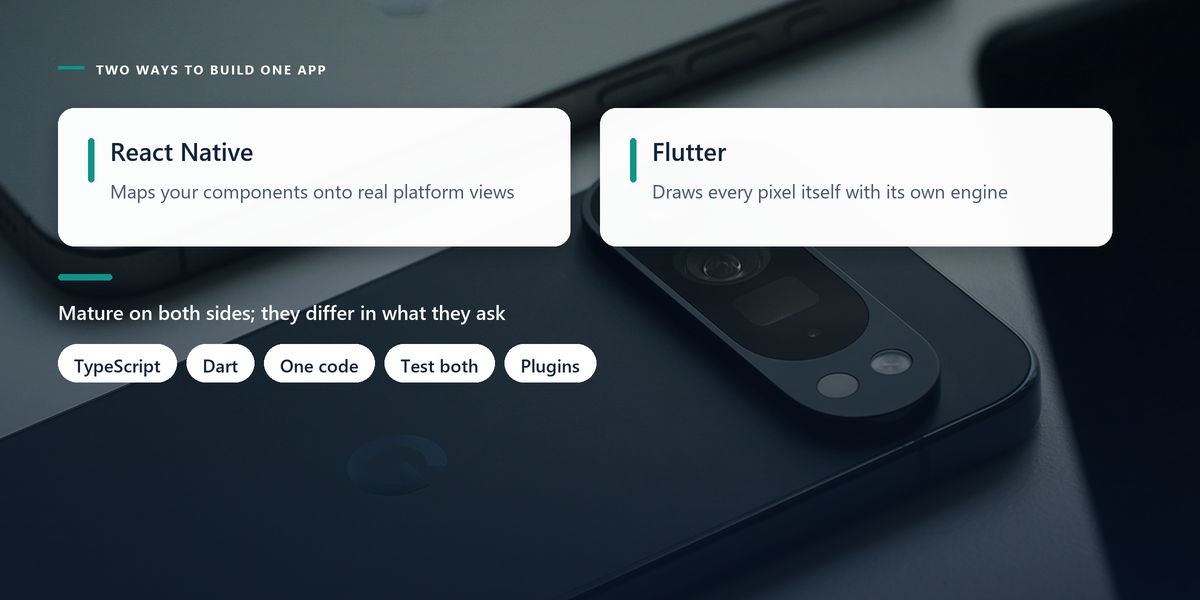Two dark smartphones lie side by side behind a two-panel contrast of React Native's real platform views with Flutter's self-drawn pixels.