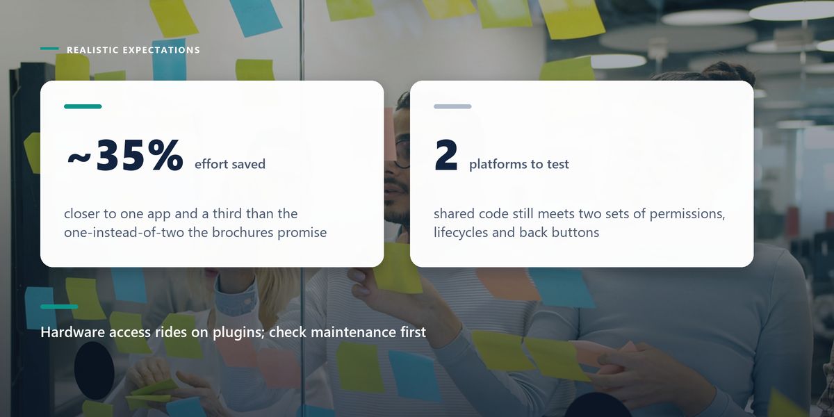 A team arranges sticky notes on a glass wall behind two darkened stat cards putting cross-platform savings at roughly a third, not half.