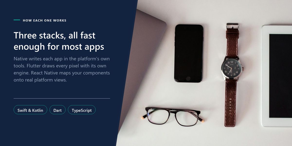 A flat lay of laptop, phone, tablet, watch and glasses beside a banner stating all three mobile stacks are fast enough for most apps.