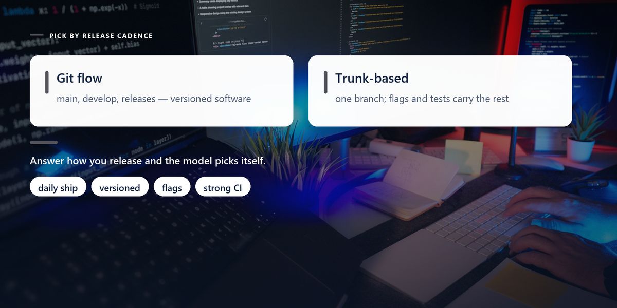A dark desk at night with hands at a lit keyboard and code glowing across a laptop and monitor, behind a two-way panel comparing Git flow with trunk-based development.