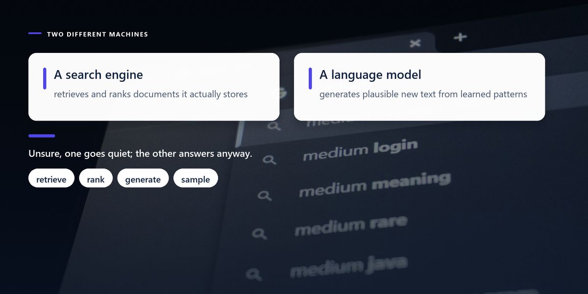 A browser search box on a near-black screen with autocomplete suggestions listed beneath it, beside a panel contrasting a search engine that looks things up with a model that produces them.