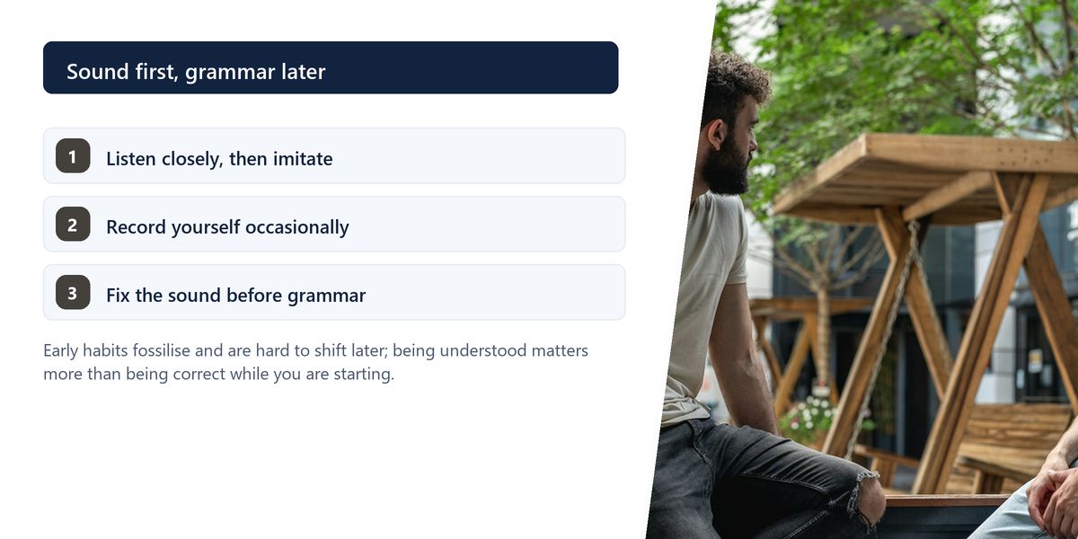 Two men talking on a cafe terrace, beside a numbered note on imitating the sound first and correcting the grammar later.