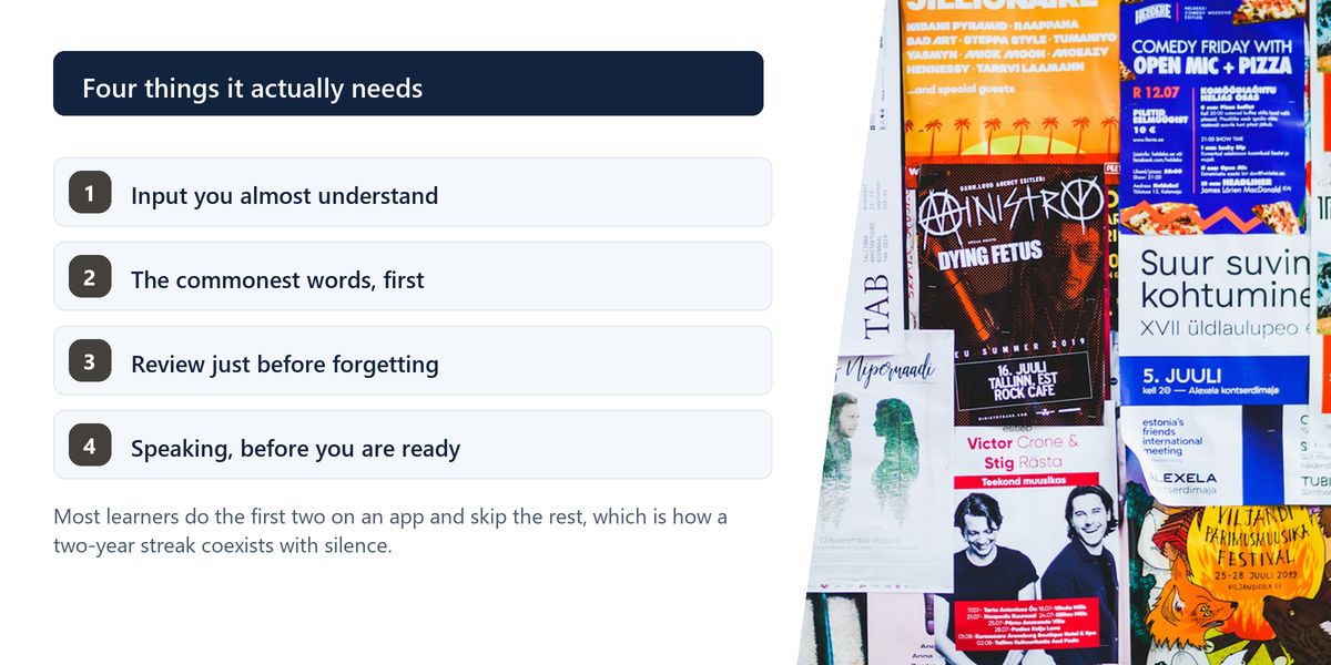 A wall densely papered with overlapping printed posters in a language most readers will not know, beside a numbered list of the four things adult language learning actually requires.