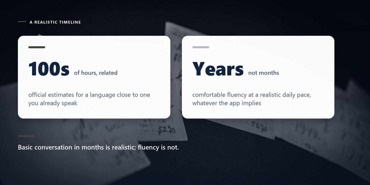 Handwritten index cards lit against a dark ground, behind two cards setting out how long adult fluency actually takes.