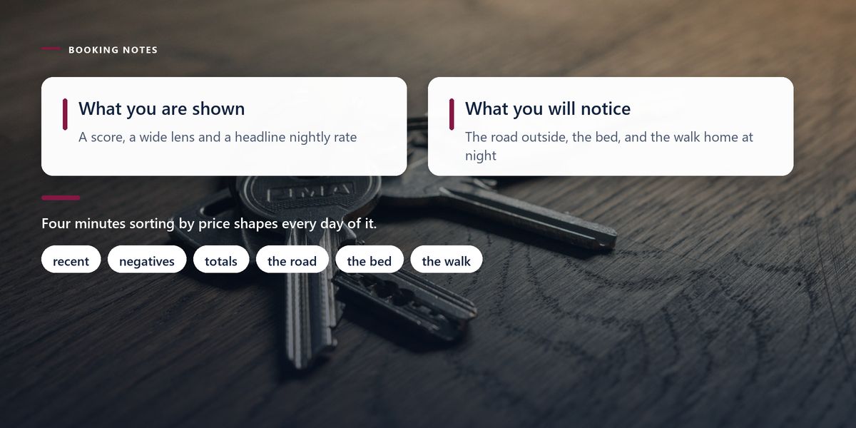 A bunch of keys lying on a worn wooden counter, overlaid with a two-column panel dividing what a listing shows from what a guest actually notices.