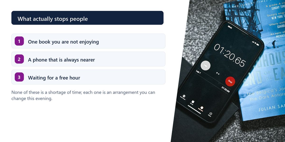 A phone resting on top of a closed book and notebook, beside a numbered list of the three things that actually stop people reading.