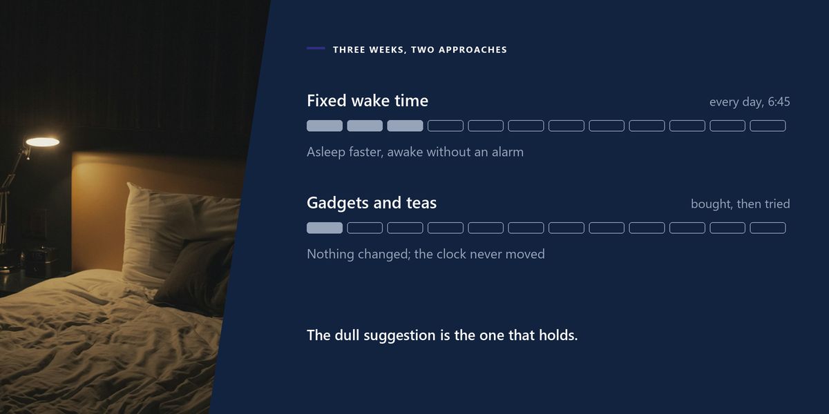 A dark bedroom lit only by a small bedside lamp over rumpled bedding, beside two three-week tracks comparing approaches to sleep