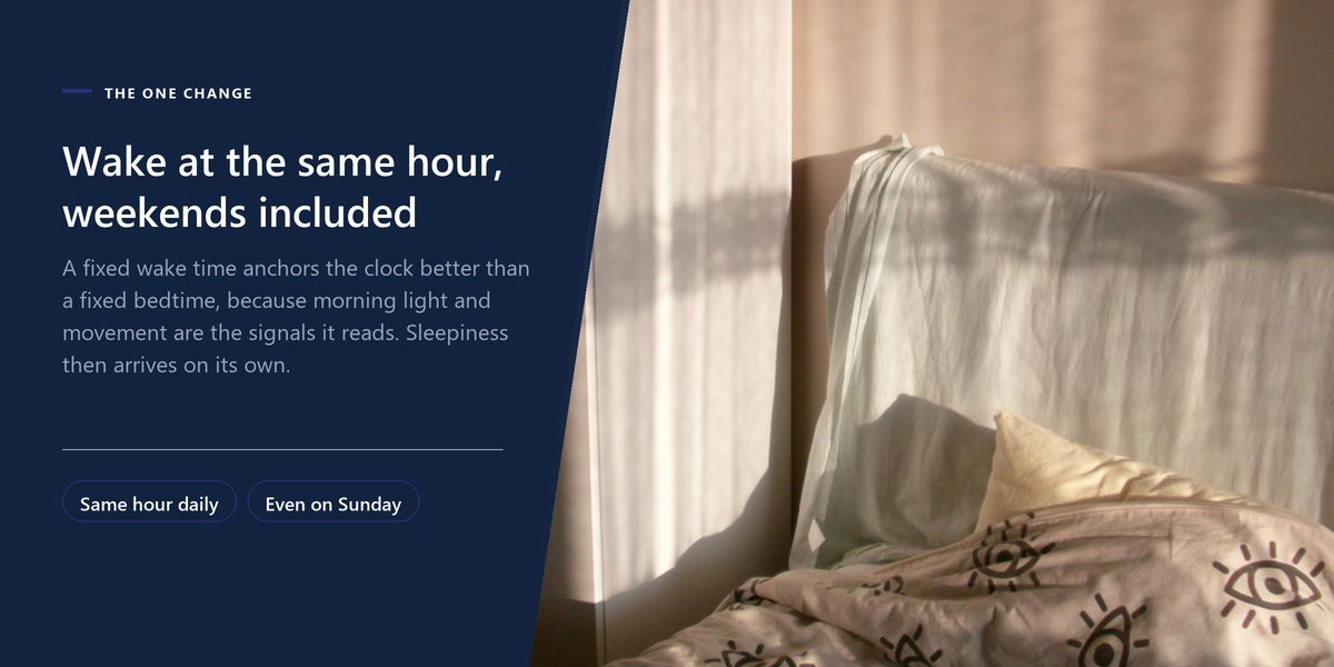 Morning sun falling across an unmade bed, set beside a banner arguing for a fixed wake time with the bedtime left to follow.