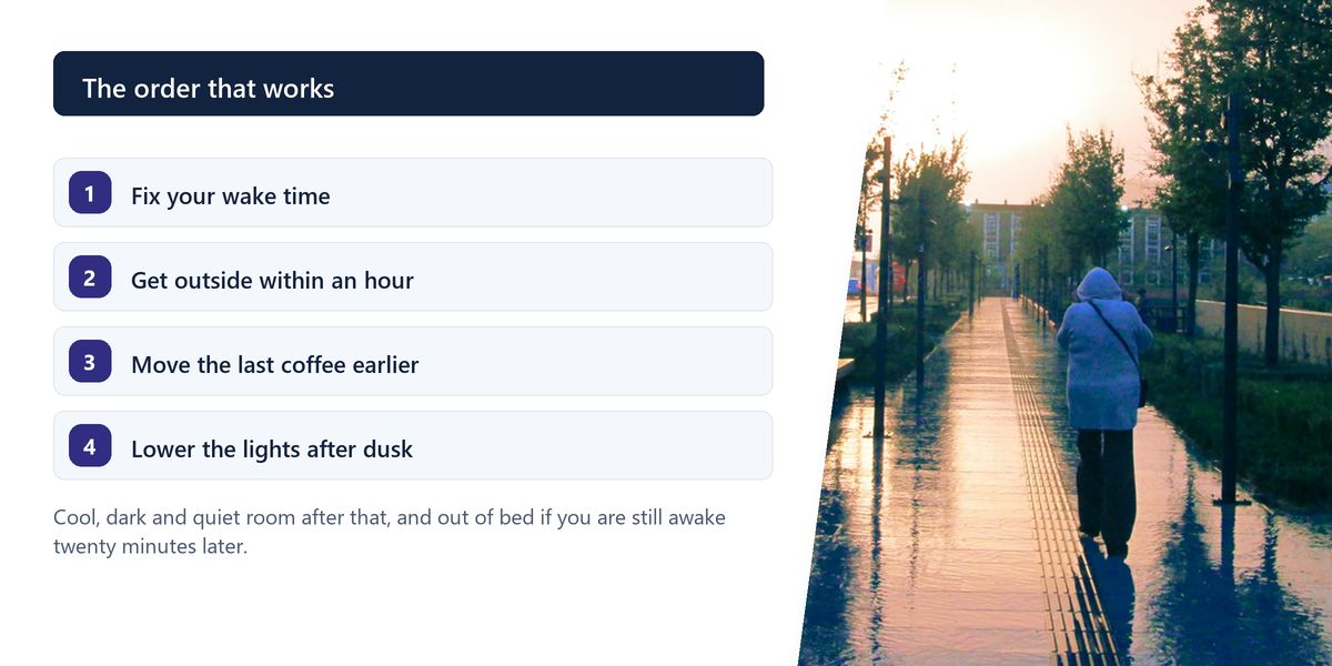 A person walking a wet path at sunrise beside a numbered list running from a fixed wake time to lowering the lights after dusk.