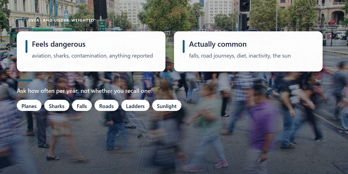 A blurred crowd streaming across a busy city crossing, under a two-column panel listing the risks people over-weight and the ones they under-weight.