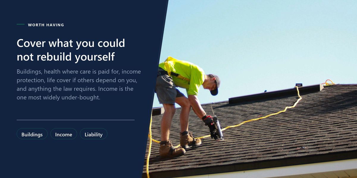 A workman kneeling on a shingled roof with a power drill under a blue sky, beside a panel listing the losses genuinely worth insuring.