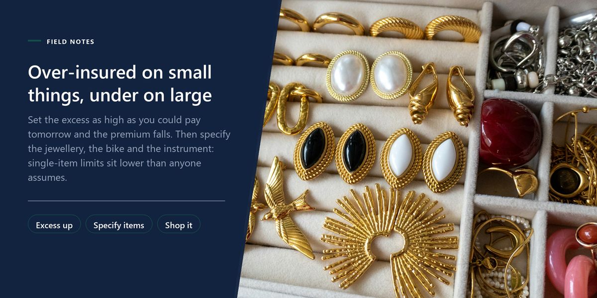 An open jewellery box of gold and pearl earrings, beside a panel on raising the excess and specifying valuables individually.