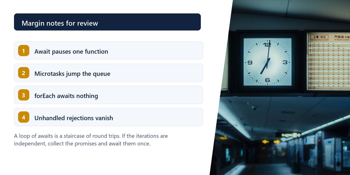 A dark station concourse where two illuminated timetable boards flank a large analogue clock above an empty platform walkway, beside four numbered reminders about async behaviour.