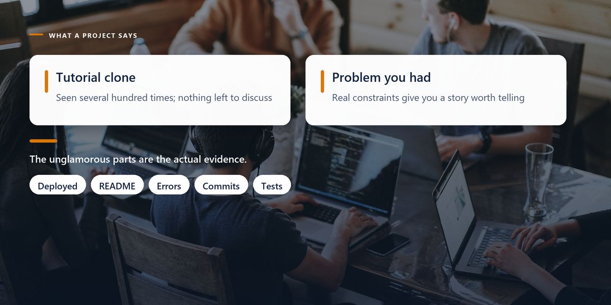 A darkened photograph of people coding around a shared table, behind two panels contrasting tutorial clones with projects that solve a real problem.