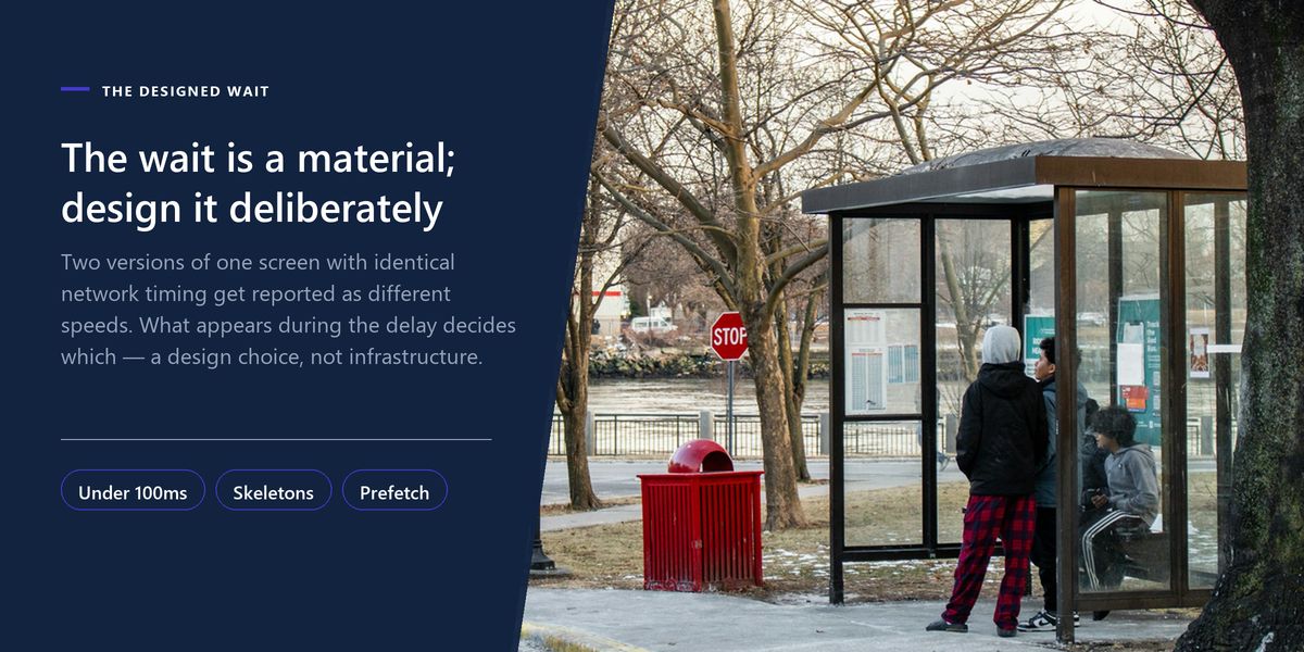 People wait inside a bus shelter on a cold street beside a banner arguing the wait itself is designed, not merely endured.