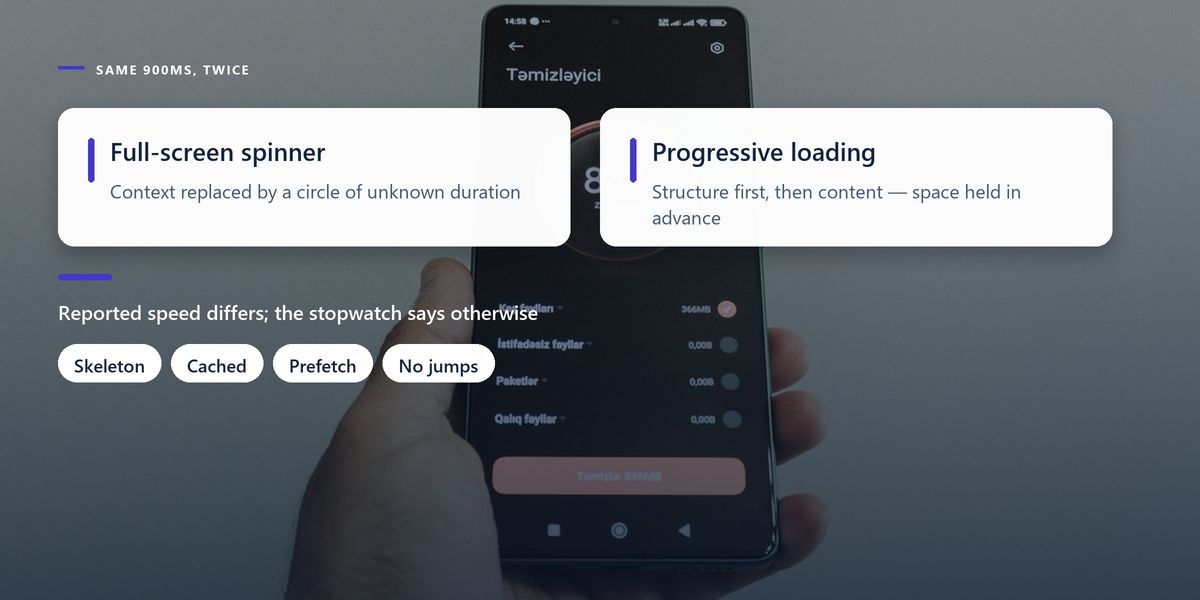 A hand holds a phone showing an app screen with a large progress ring, behind a darkened comparison of a full-screen spinner against progressive loading.