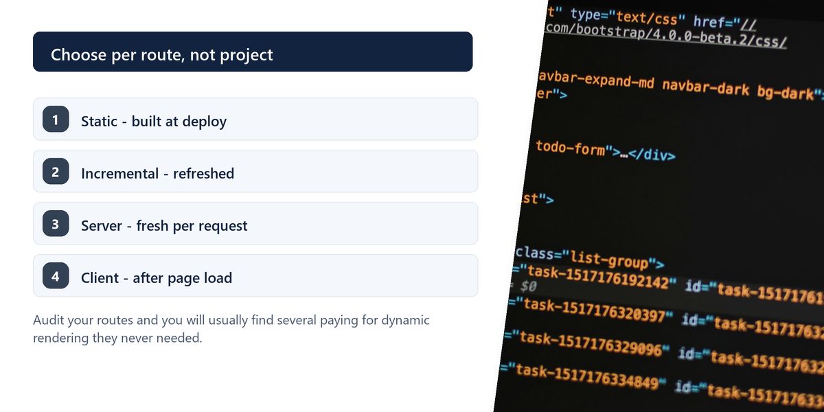 A screen of HTML markup open beside a browser inspector panel, beside a panel on choosing a strategy per route.