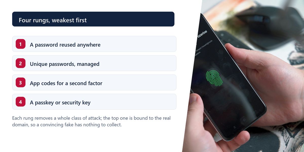 Hands hold a phone showing a fingerprint authentication prompt in front of an open laptop, beside a numbered ladder of account security from reused passwords up to passkeys.