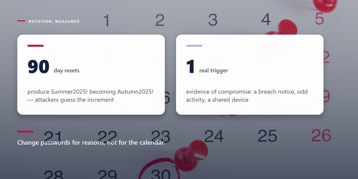 A month calendar with red pins pressed into several dates and the thirtieth ringed in red, behind two figures contrasting ninety-day resets with the single real reason to change a password.