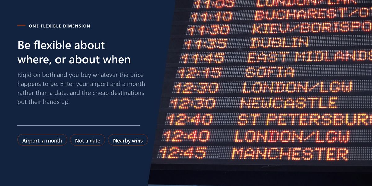 An airport departures board listing a dozen cities and their departure times in orange on black, beside a drawn banner arguing for flexibility about either the destination or the dates.