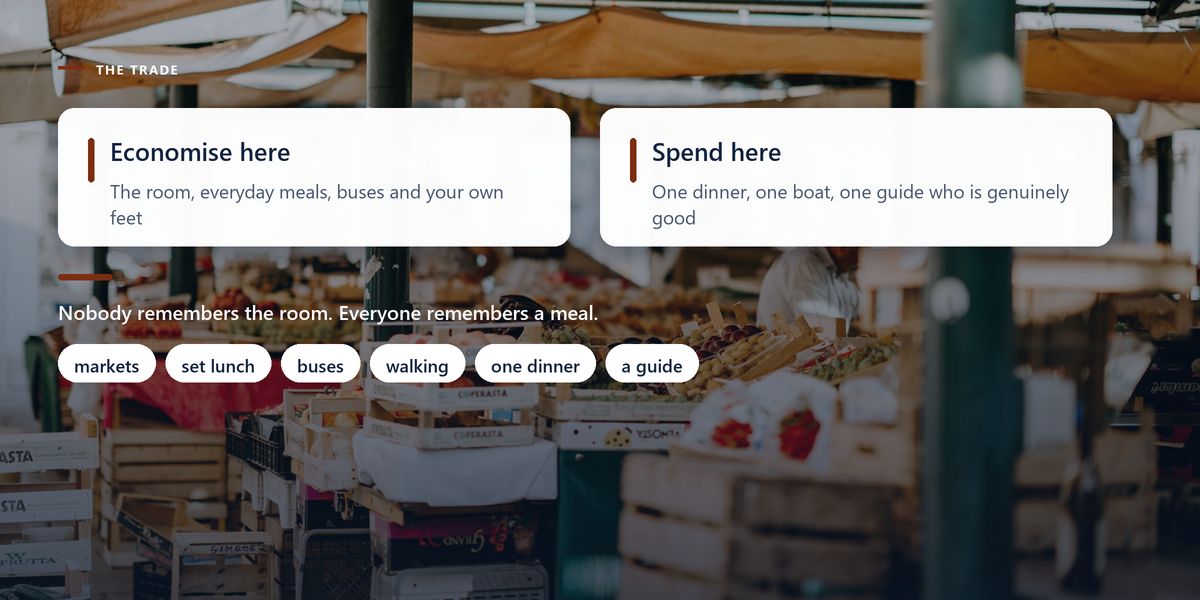 A covered produce market in wooden crates, overlaid with a two-column panel dividing what to economise on from what to spend on.