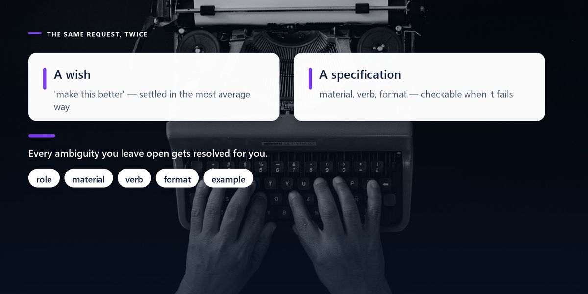 Hands on a vintage typewriter in black and white behind a split panel weighing a vague wish against a real specification.