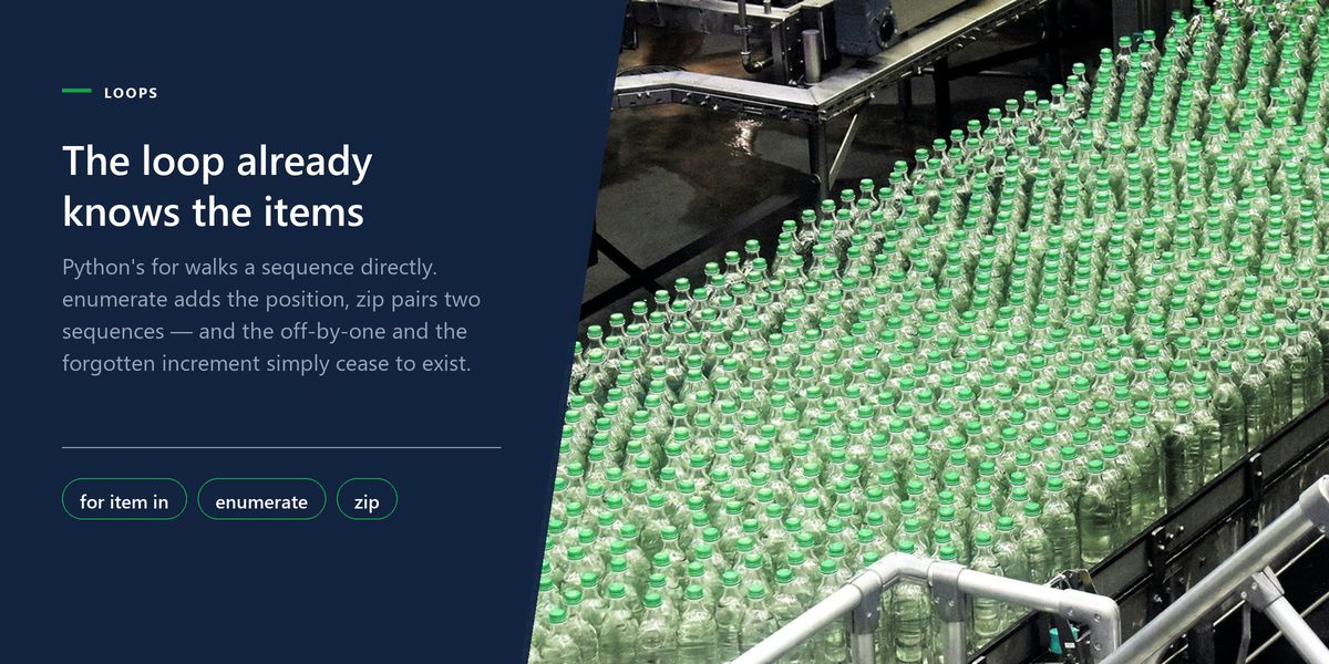 Rows of glass bottles moving through a bottling line, beside a drawn banner on iterating directly over items.
